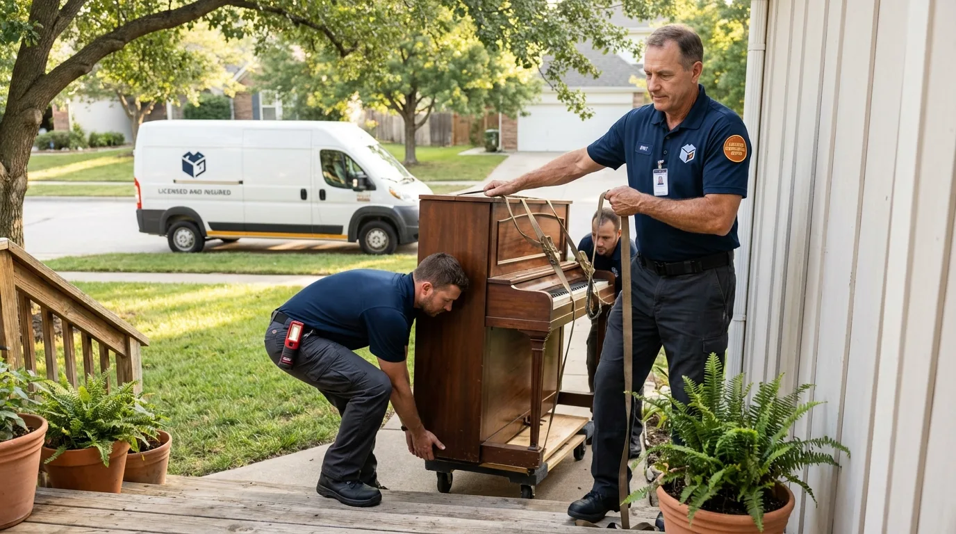 Licensed piano movers securing grand piano in Moorhead, MN