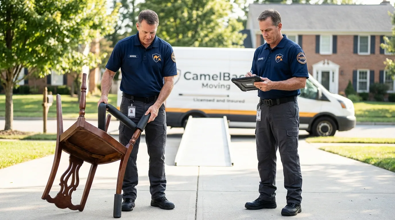 Movers inspecting furniture for damage prevention before loading in Moorhead, MN