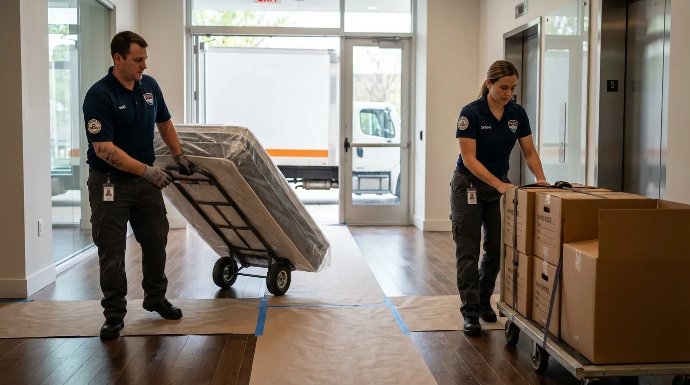 Professional apartment movers loading elevator in Moorhead, MN